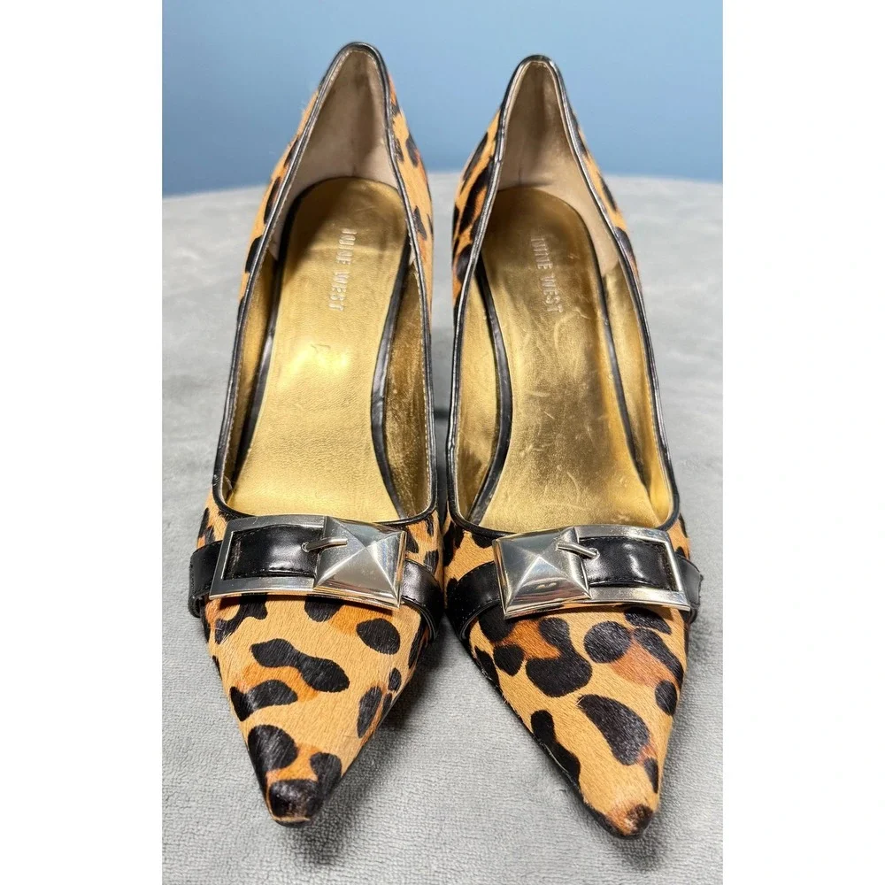 Nine West Heels Womens 10M Leopard Print Calf Hair Pointed Toe Pumps Buckle